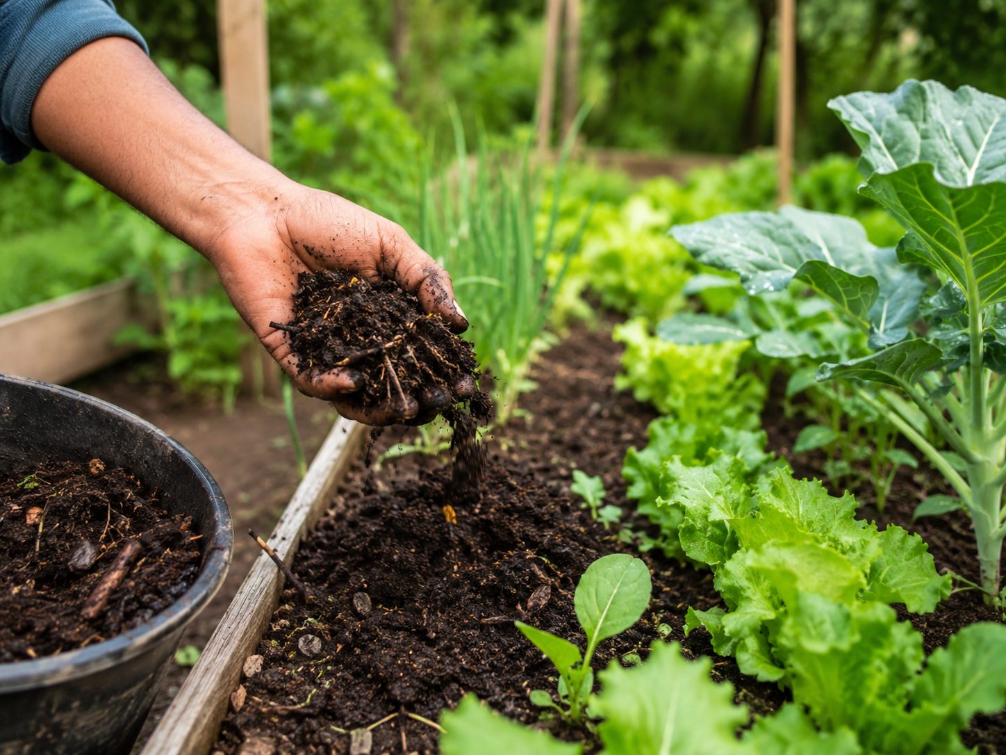 Mão aplicando composto orgânico na horta
